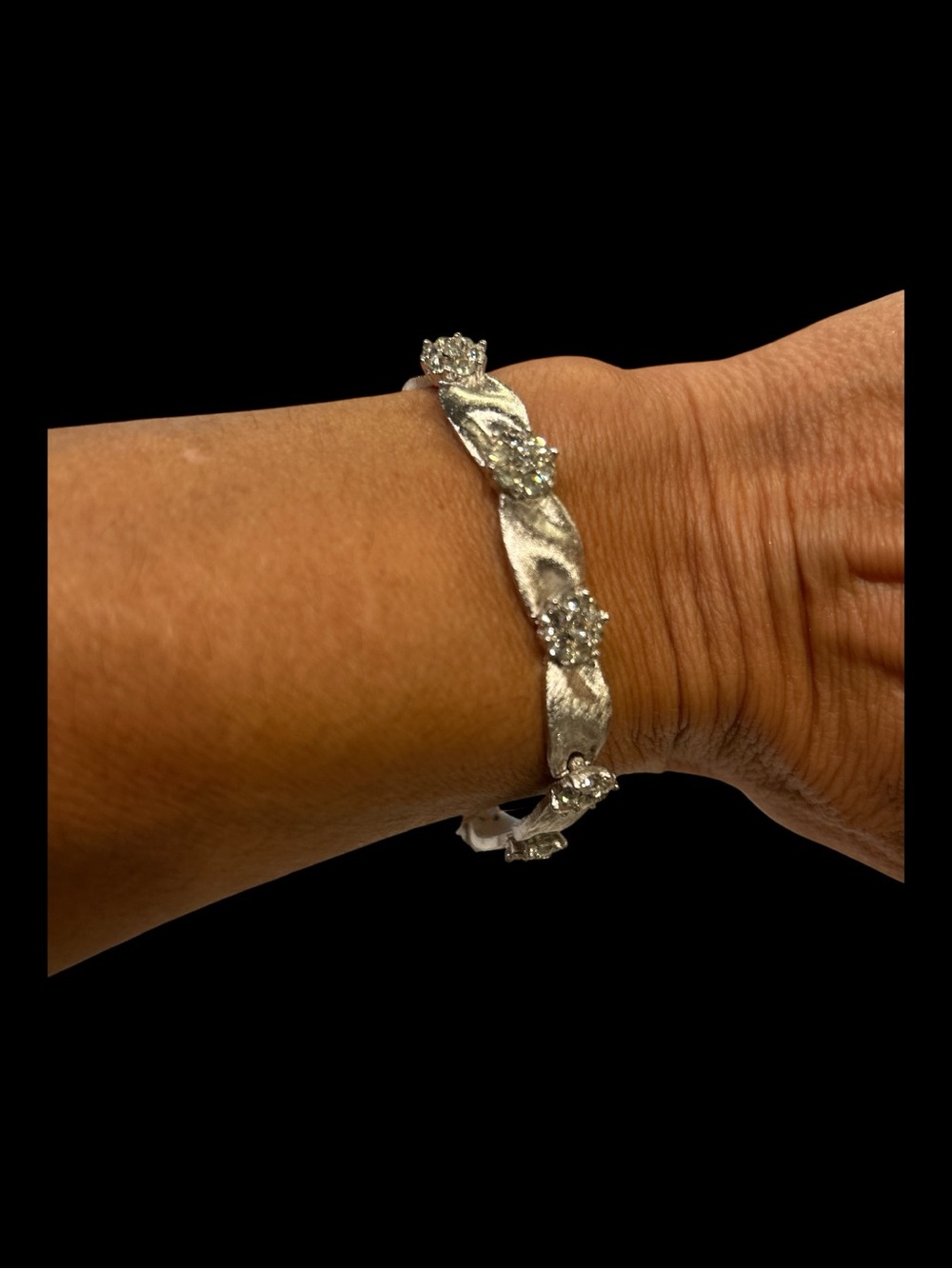 Vintage Crown Trifari Birthday Ribbon Bracelet Silver Tone With Clear Rhinestone